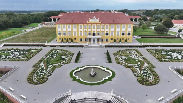 Drone aerial of Schloss Hof palace and gardens panorama.