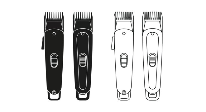 Four hair clippers depicted in a black and white silhouette