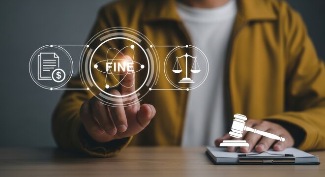 Legal fine and penalty concept, person touching digital interface with fine text, justice scales and gavel icons for law compliance and regulation