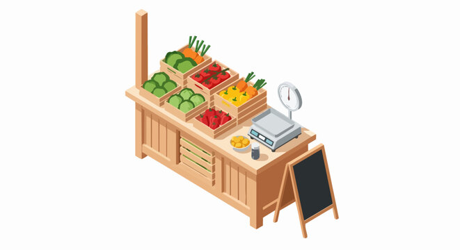 Isometric Farmer's Market Stall with Fresh Vegetables, Scale, and Chalkboard on White Background