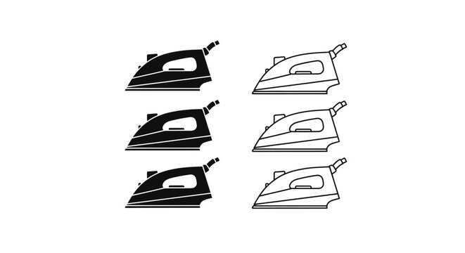Illustrations of clothing irons in varying styles a black silhouette