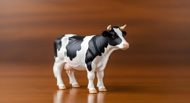 Black and white holstein toy cow figurine standing on a wooden table, miniature farm animal model