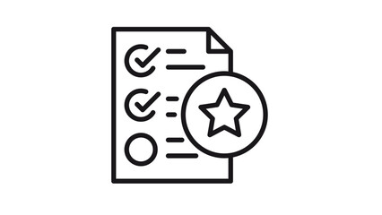 Minimalist black line vector icon of a checklist with checkmarks and a prominent star symbol, representing a wishlist, favorite list, top priorities, rating, or quality review illustration. © MdYesin