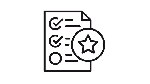 Minimalist black line vector icon of a checklist with checkmarks and a prominent star symbol, representing a wishlist, favorite list, top priorities, rating, or quality review illustration.