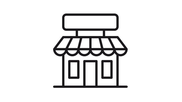 Minimalist black line art vector icon of a small retail shop or storefront building with a striped awning, door, windows, and a blank sign board, isolated on white for business and commerce.