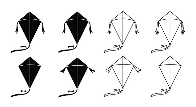 Four kite designs shown in varying styles including a silhouette