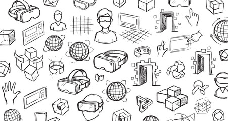 Fototapeta premium Metaverse and Virtual Reality Doodles Set Pack. Editable Vector Stroke Illustration. featuring virtual, reality, augmented, metaverse, technology, innovation, future, digital, vr, ar more doodles.