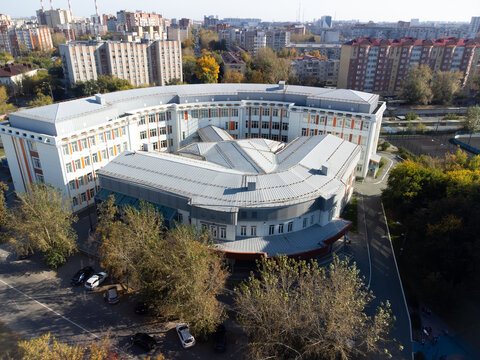 Aerial drone view of Secondary School No. 15 (MAOU SOSH No. 15) in Tyumen, Russia, September 20, 2022