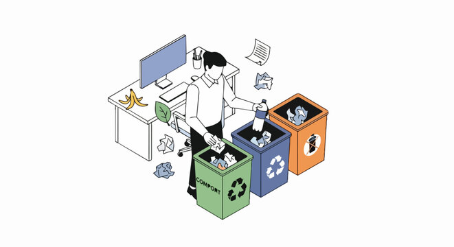 Man Sorting Waste in Office Isometric Illustration, Recycling and Composting for Environmental Sustainability