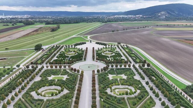 Aerial of Schloss Hof baroque gardens symmetrical design.