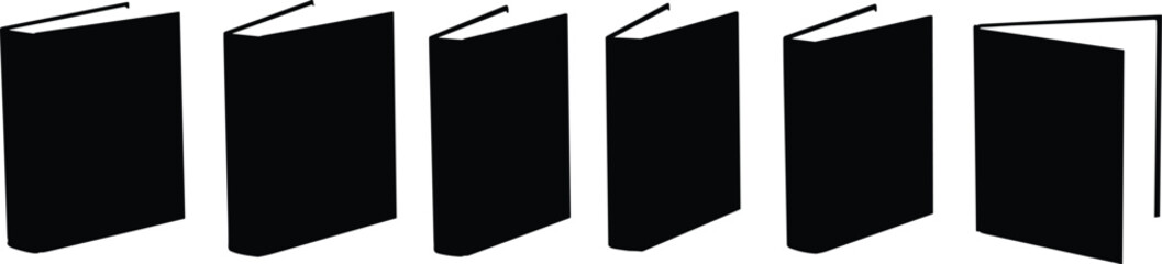 Book silhouettes row, upright tilted books, open covers, stacked icons, reading concept, literature design, education illustration, publishing symbol, knowledge resource © Habiba
