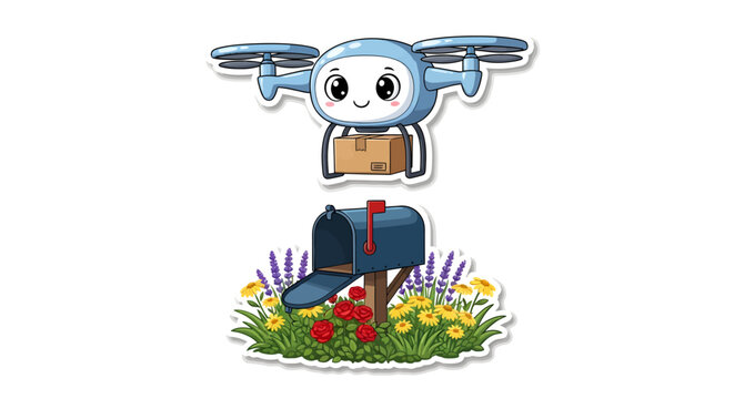 Cute drone delivering mail in garden with flowers