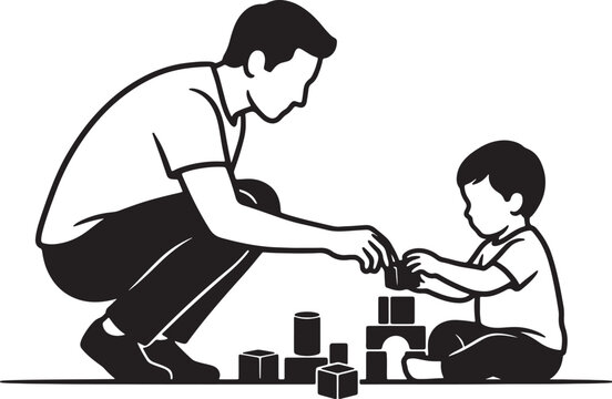 Black and white of a man and a boy building with blocks together also transparent background