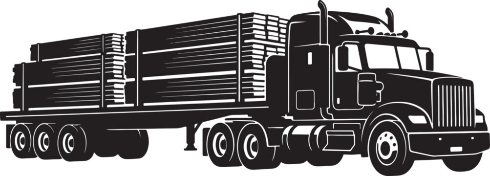 Black and white of a semi-truck with flatbed trailer hauling logs also transparent background transportation