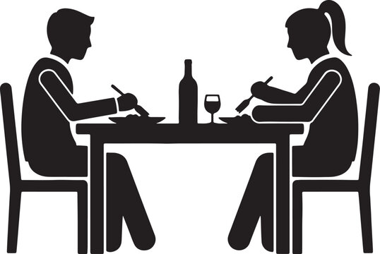Silhouette of a man and woman sitting at a table with a wine bottle and glass, writing in notebooks also transparent background