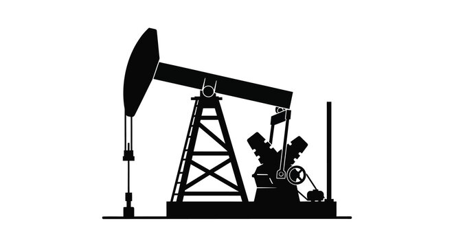 A black silhouette of an oil pump jack also known as a rocking horse against white