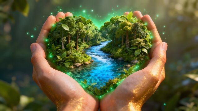 Hands cradling a vibrant, heart-shaped forest with a flowing stream, symbolizing nature's beauty and protection.
