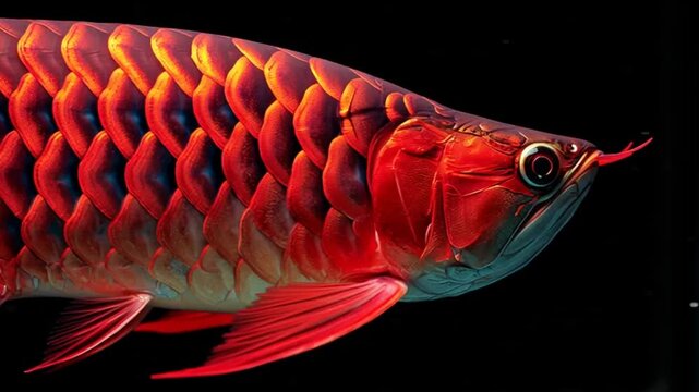 Seekor ikan cupang merah segar berenang di antara udang dan hidangan laut mentah dalam akuarium air jernih dengan latar belakang oranye dan putih terisolasi yang nampak mewah secara makro