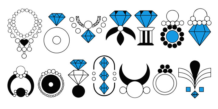 Graphic collection of blue diamond jewelry elements including necklaces and rings with necklace gemstone accessory illustration adornment collection boutique abstract decoration statement