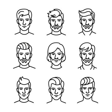 Diverse Male Hairstyles and Beard Styles Icon Set