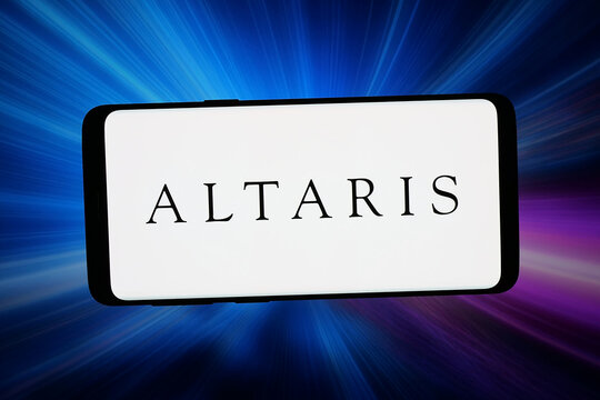 Stuttgart, Germany - 04-08-2026: In this photo illustration, the logo of US healthcare investment company Altaris LLC is displayed on a smartphone in front of abstract background on computer screen.