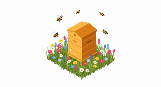 Isometric Beehive Illustration with Honey Bees and Colorful Wildflowers in a Lush Meadow