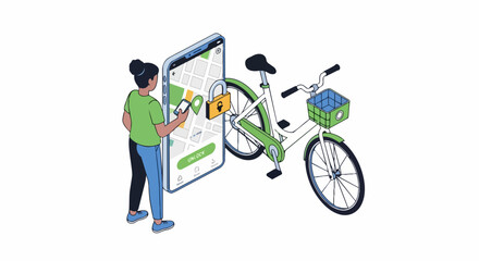 Fototapeta premium Isometric Illustration of a Woman Unlocking a Shared Bicycle via Smartphone Mobile App