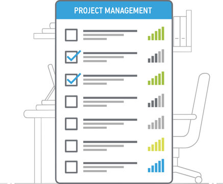 A detailed checklist on a clipboard with a blue header sits on a desk in an office.