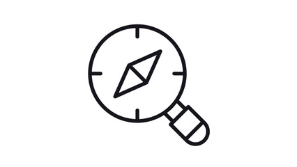 Magnifying glass with compass needle vector icon illustration, representing search, exploration, navigation, and discovery in a minimalist black line style for web and app design interfaces. © MD