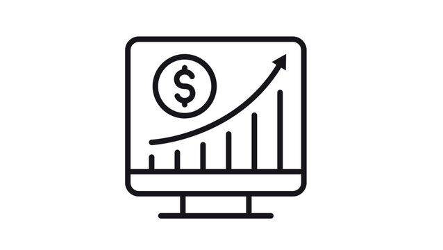 Minimalist black vector icon illustration of a computer monitor showing a financial growth bar chart with an upward arrow and a dollar sign, symbolizing business profit, market analysis, and success.
