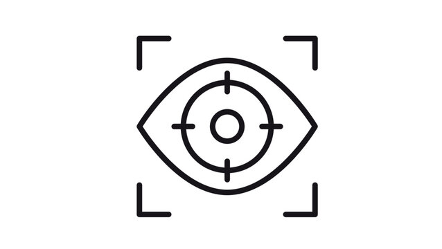 Biometric iris scan and eye tracking vector icon illustration. Minimalist black line symbol of a human eye with target crosshairs and corner frame brackets for security and surveillance.
