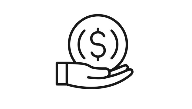 Minimalist black line vector icon of a hand holding a large dollar coin, symbolizing finance, investment, savings, profit, donation, and payment concepts, clean scalable graphic illustration.