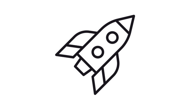 Minimalist black line art vector icon of a rocket ship launching into space, representing a startup business launch, speed, technology, and exploration, isolated on a white background.