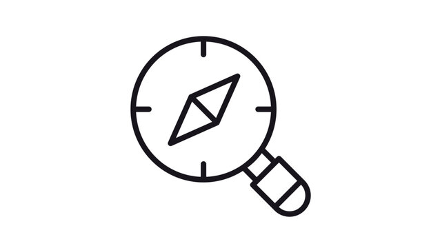 Magnifying glass with compass needle vector icon illustration, representing search, exploration, navigation, and discovery in a minimalist black line style for web and app design interfaces.