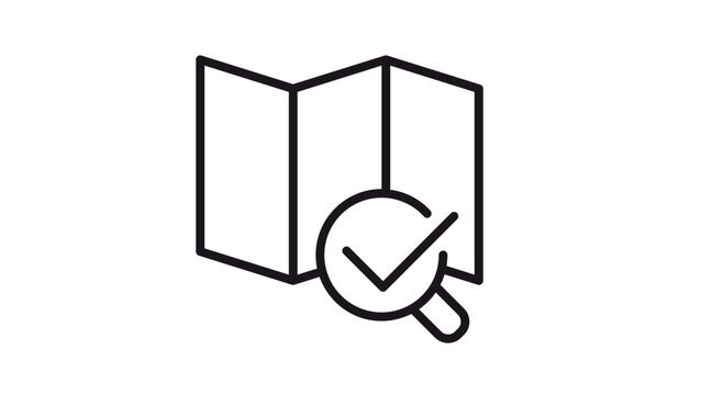 Black line vector icon of a folded paper map with a magnifying glass and checkmark symbol, representing location search, travel destination verification, navigation confirmation, and discovery.