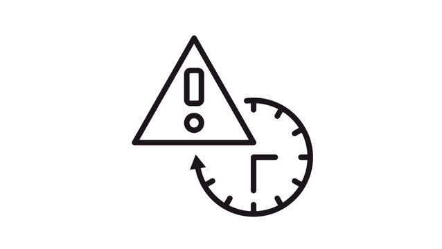Black vector icon illustration of a warning triangle with an exclamation mark and a clock with a circular arrow, representing urgent deadlines, time alerts, history, or system warnings.