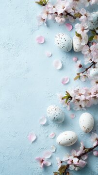 Pastel Easter composition with cherry blossom branches and speckled eggs on light blue background
