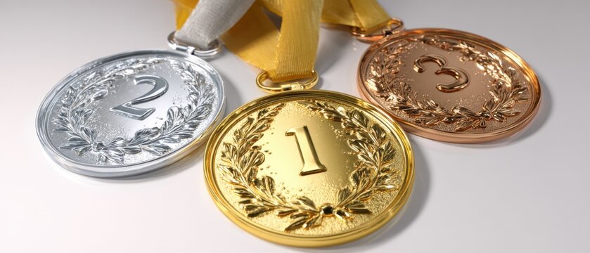 Gold silver and bronze winner medals with laurel wreath and ribbons on white background, Wide Banner