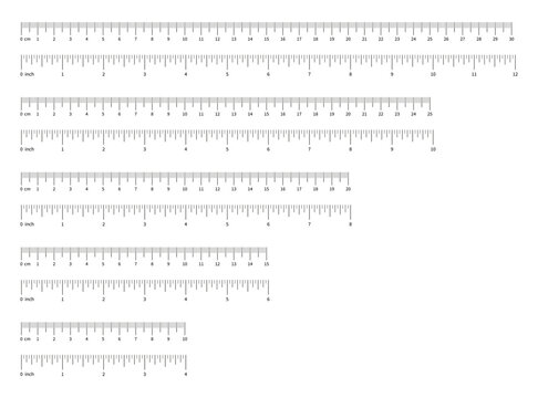 Measuring chart with 4 inch, 6 inch, 8, 10 inch, 12 inch. Collection of ruler scale 100mm, 150 mm, 200 mm, 250, 300mm with numbers. Measuring chart with 10cm, 15cm, 20 cm, 25cm, 30 centimeters.
