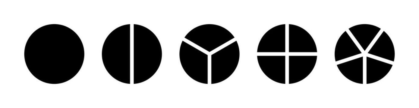 Coaching blank mockup. Circle division from 1 to 5 black equal parts. Pizza, pie chart layout. Wheel round divided diagrams from one to five segments. Infographic minimalist icons collection.