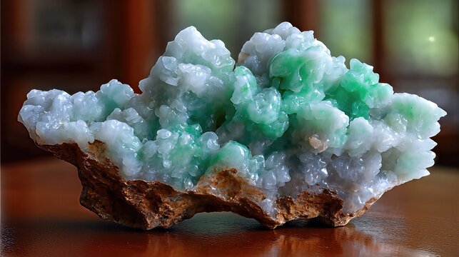 Bright Green Jadeite Sculpture on Display in Natural Light Showcasing Unique Textures