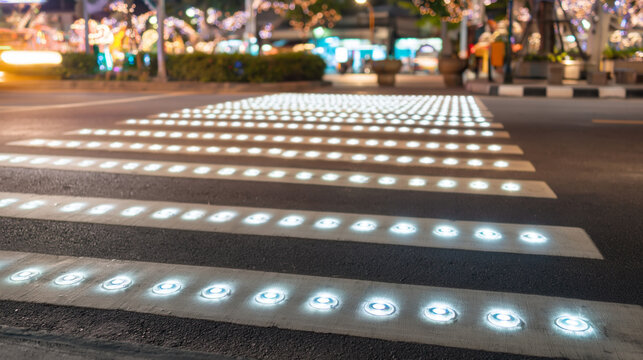 Illuminated Urban Crosswalk at Night: Pedestrian Safety and Modern City Infrastructure