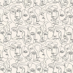 Fototapeta premium A seamless pattern of multiple faces drawn in a simple line art style with leaves and flowers incorporated into the design on a white background.