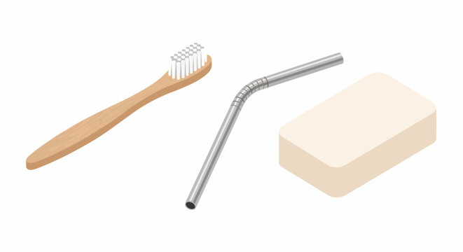 Isometric Zero Waste Sustainable Products Set: Bamboo Toothbrush, Metal Reusable Straw, and Natural Bar Soap Isolated on White