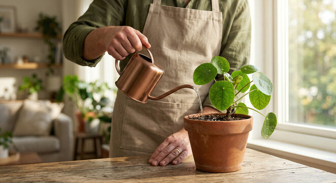 Faceless person watering indoor pilea plant with copper can at wooden table in bright room