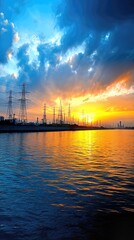 Fototapeta premium Power Grids Stand Tall Against a Colorful Sunset Over Water in a City View