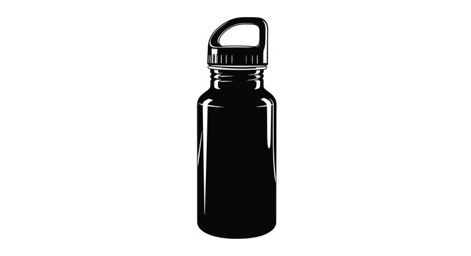 A black and white illustration depicts a sleek metallic water bottle with a looped handle