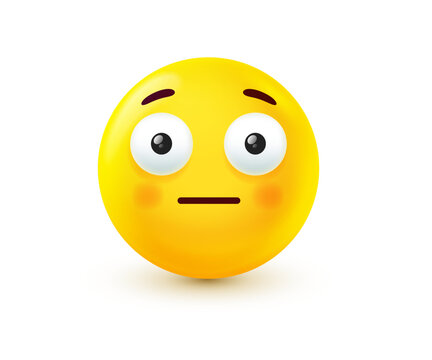 3d emoji with wide open eyes and straight mouth. Vector illustration of surprised, shocked or embarrassed character. Emoticon face with blushing pink cheeks for social media, chat reaction