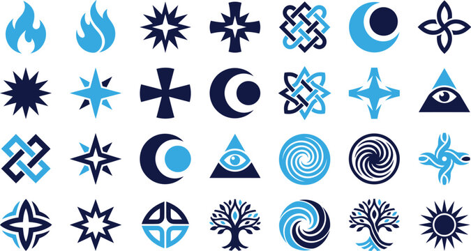 Collection of abstract symbols, emblems, and icons in blue and navy.