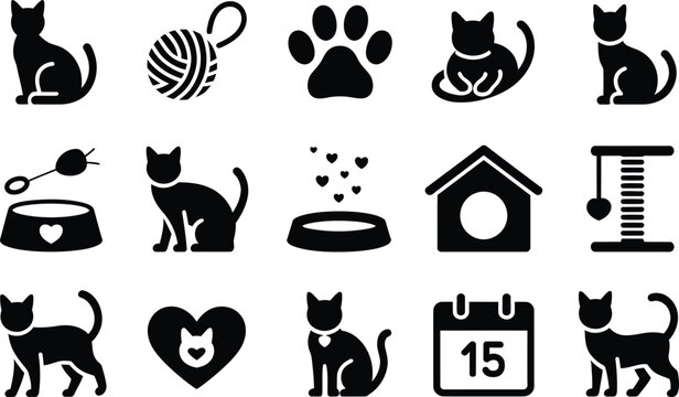 Black Cat Icons Set with Pet Care Symbols and Accessories on transparent background